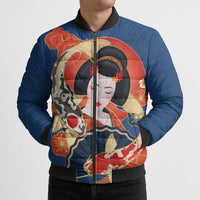 Japanese Geisha Koi Fish Bomber Puffer Jacket Cherry Blossoms Blue Seigaiha Pattern - Polynesian Pride
