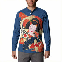 Japanese Geisha Koi Fish Button Sweatshirt Cherry Blossoms Blue Seigaiha Pattern - Polynesian Pride