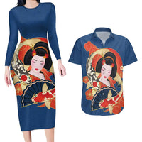 Japanese Geisha Koi Fish Couples Matching Long Sleeve Bodycon Dress and Hawaiian Shirt Cherry Blossoms Blue Seigaiha Pattern LT14 Blue - Polynesian Pride