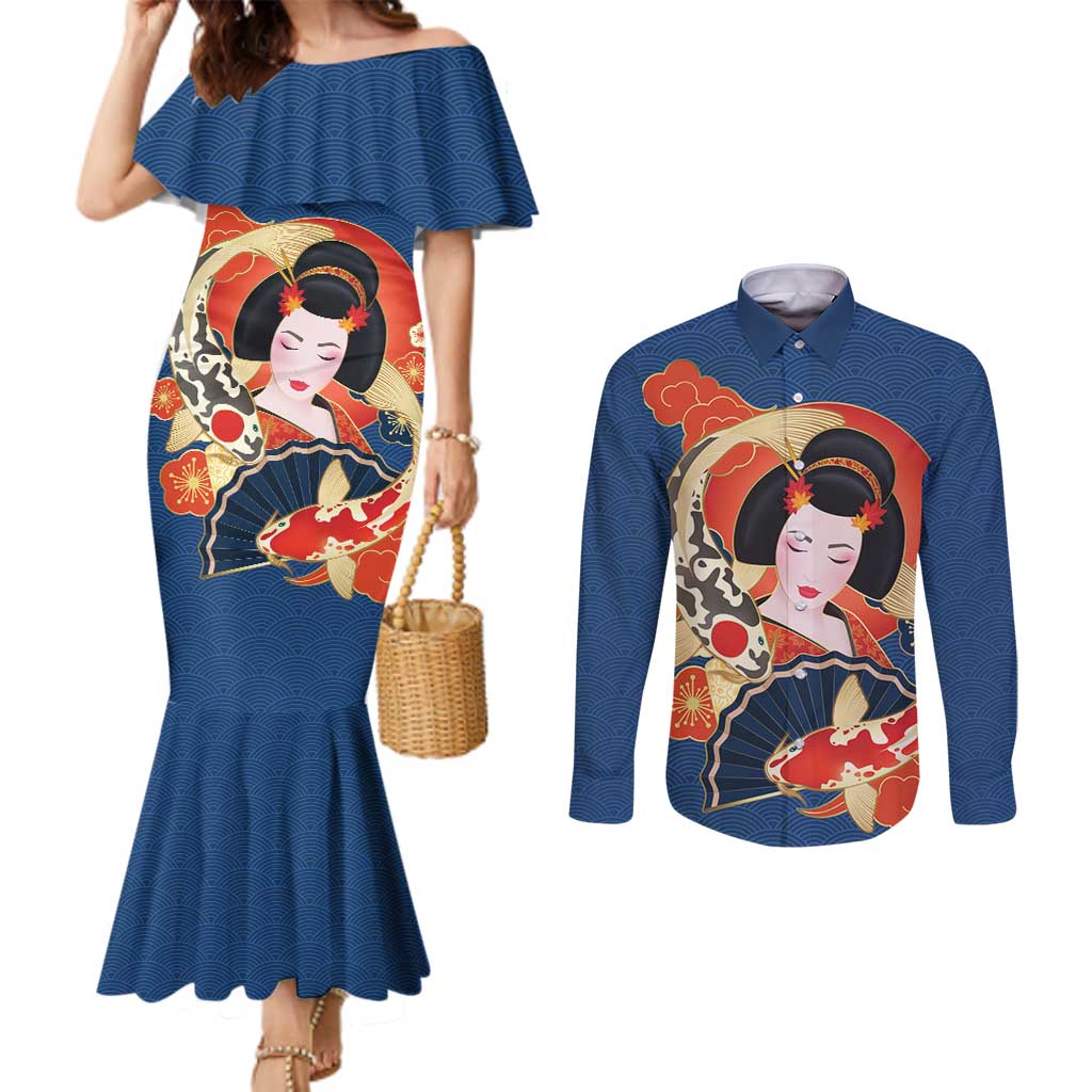 Japanese Geisha Koi Fish Couples Matching Mermaid Dress and Long Sleeve Button Shirt Cherry Blossoms Blue Seigaiha Pattern LT14 Blue - Polynesian Pride