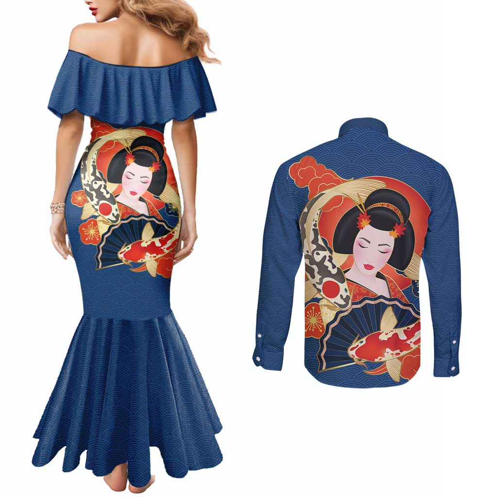 Japanese Geisha Koi Fish Couples Matching Mermaid Dress and Long Sleeve Button Shirt Cherry Blossoms Blue Seigaiha Pattern LT14 - Polynesian Pride