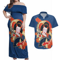 Japanese Geisha Koi Fish Couples Matching Off Shoulder Maxi Dress and Hawaiian Shirt Cherry Blossoms Blue Seigaiha Pattern LT14 Blue - Polynesian Pride