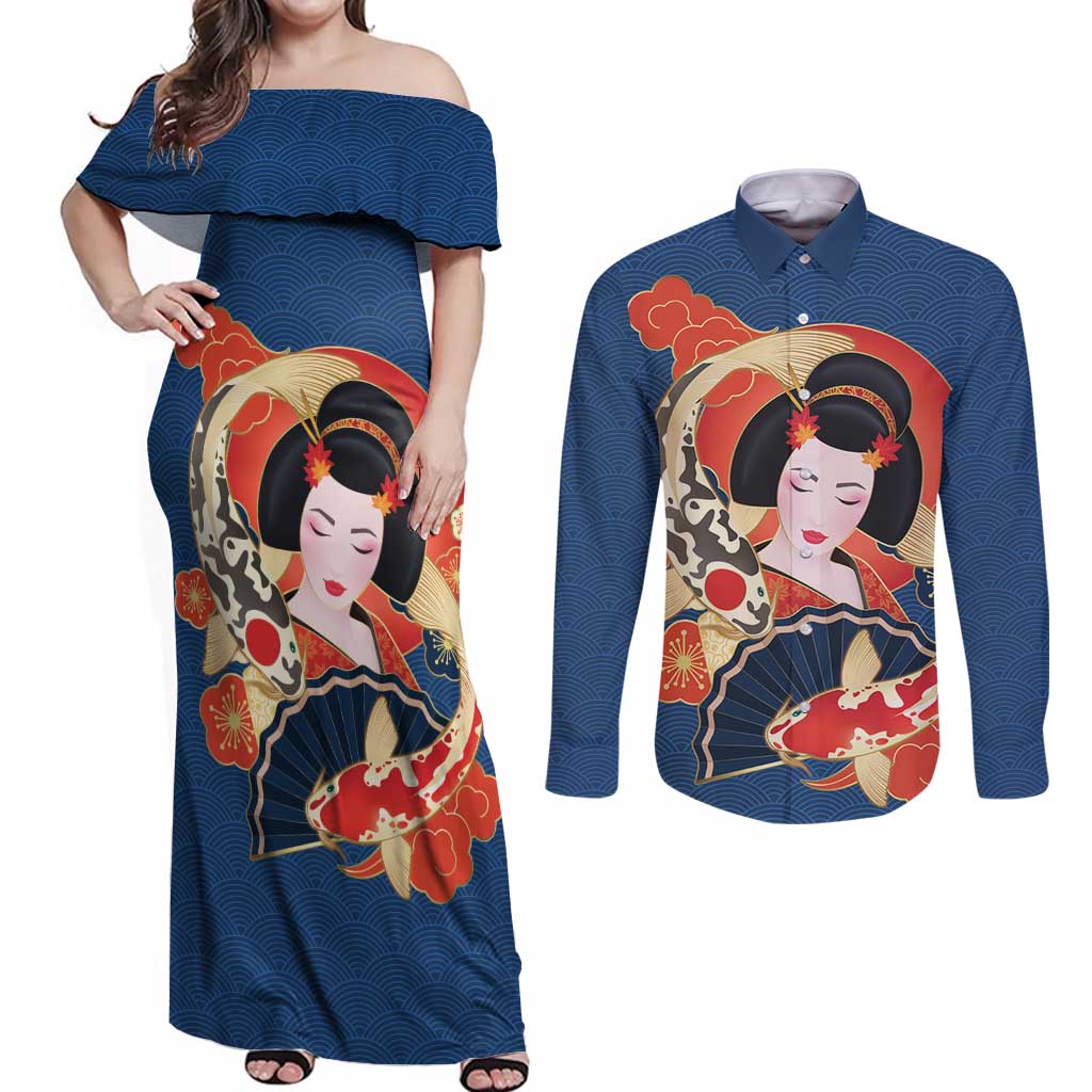 Japanese Geisha Koi Fish Couples Matching Off Shoulder Maxi Dress and Long Sleeve Button Shirt Cherry Blossoms Blue Seigaiha Pattern LT14 Blue - Polynesian Pride