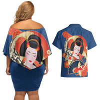 Japanese Geisha Koi Fish Couples Matching Off Shoulder Short Dress and Hawaiian Shirt Cherry Blossoms Blue Seigaiha Pattern LT14 - Polynesian Pride