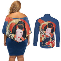 Japanese Geisha Koi Fish Couples Matching Off Shoulder Short Dress and Long Sleeve Button Shirt Cherry Blossoms Blue Seigaiha Pattern - Polynesian Pride