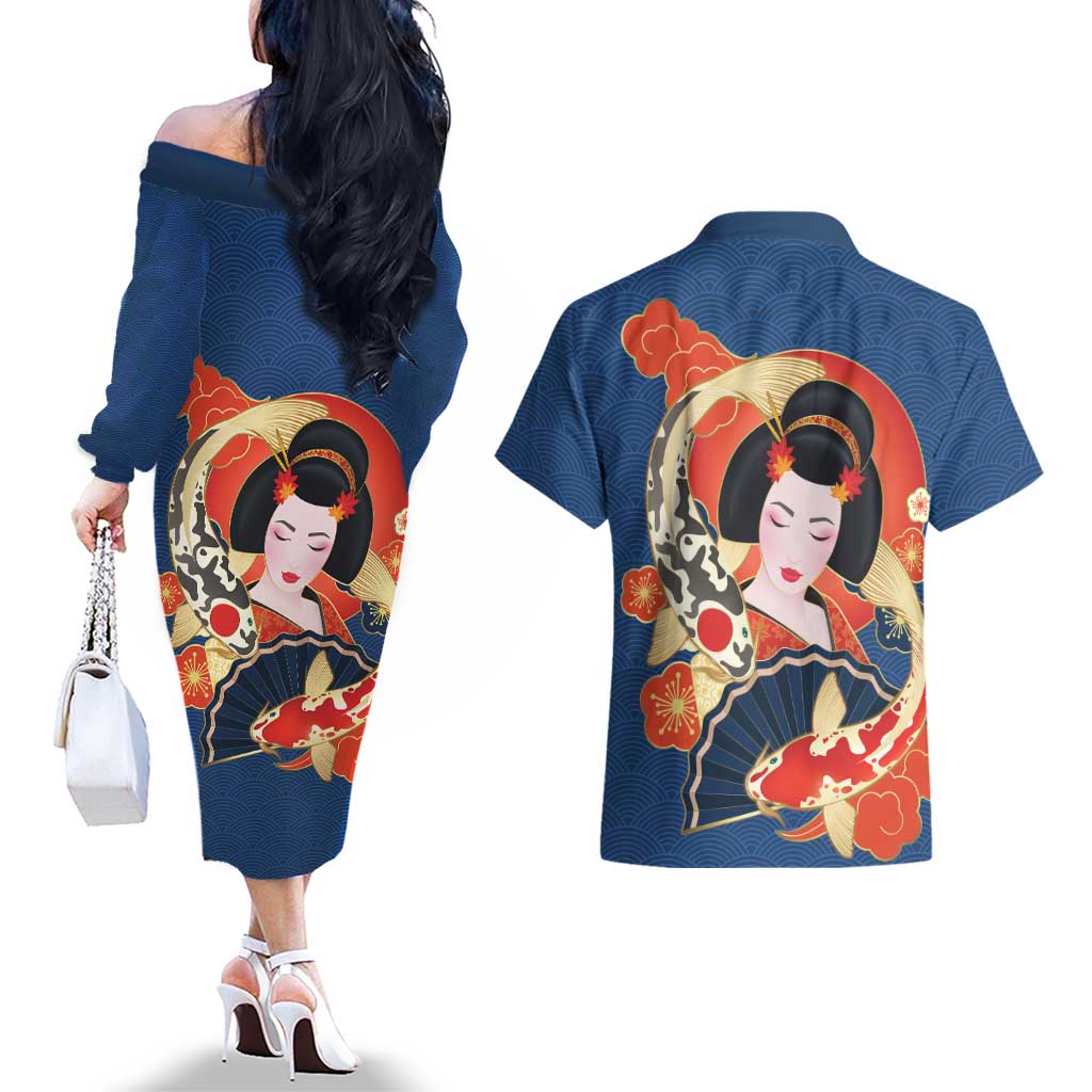 Japanese Geisha Koi Fish Couples Matching Off The Shoulder Long Sleeve Dress and Hawaiian Shirt Cherry Blossoms Blue Seigaiha Pattern LT14 - Polynesian Pride