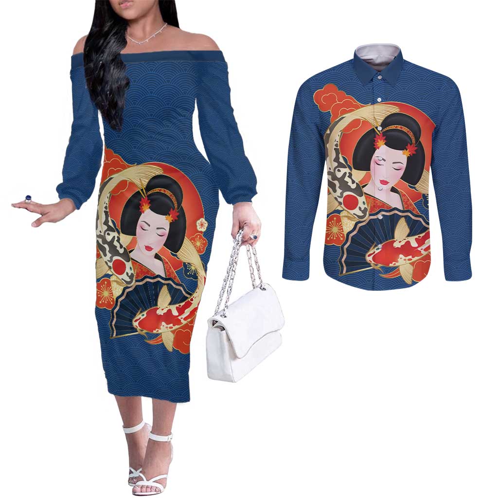 Japanese Geisha Koi Fish Couples Matching Off The Shoulder Long Sleeve Dress and Long Sleeve Button Shirt Cherry Blossoms Blue Seigaiha Pattern LT14 Blue - Polynesian Pride