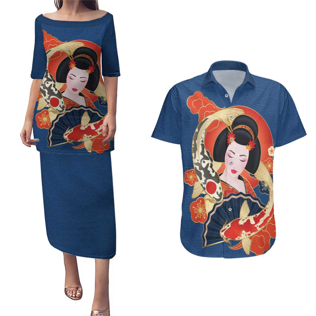 Japanese Geisha Koi Fish Couples Matching Puletasi and Hawaiian Shirt Cherry Blossoms Blue Seigaiha Pattern - Polynesian Pride