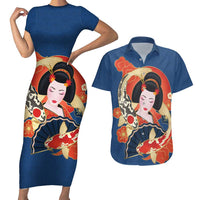 Japanese Geisha Koi Fish Couples Matching Short Sleeve Bodycon Dress and Hawaiian Shirt Cherry Blossoms Blue Seigaiha Pattern LT14 Blue - Polynesian Pride
