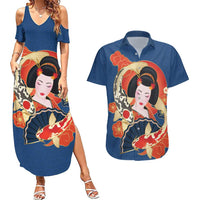 Japanese Geisha Koi Fish Couples Matching Summer Maxi Dress and Hawaiian Shirt Cherry Blossoms Blue Seigaiha Pattern LT14 Blue - Polynesian Pride