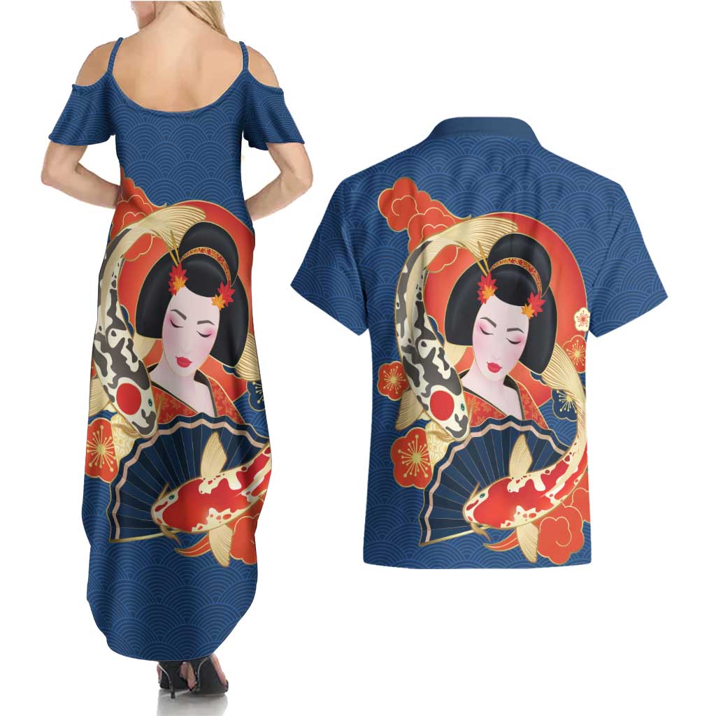 Japanese Geisha Koi Fish Couples Matching Summer Maxi Dress and Hawaiian Shirt Cherry Blossoms Blue Seigaiha Pattern LT14 - Polynesian Pride
