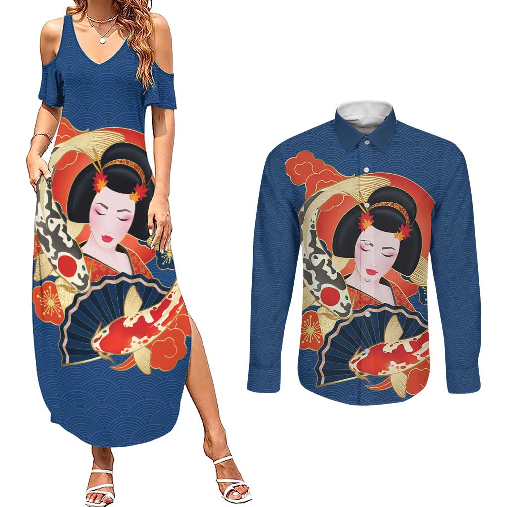 Japanese Geisha Koi Fish Couples Matching Summer Maxi Dress and Long Sleeve Button Shirt Cherry Blossoms Blue Seigaiha Pattern LT14 Blue - Polynesian Pride