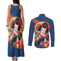 Japanese Geisha Koi Fish Couples Matching Tank Maxi Dress and Long Sleeve Button Shirt Cherry Blossoms Blue Seigaiha Pattern LT14 - Polynesian Pride