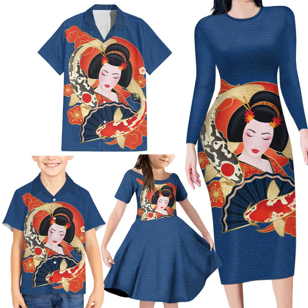 Japanese Geisha Koi Fish Family Matching Long Sleeve Bodycon Dress and Hawaiian Shirt Cherry Blossoms Blue Seigaiha Pattern LT14 - Polynesian Pride
