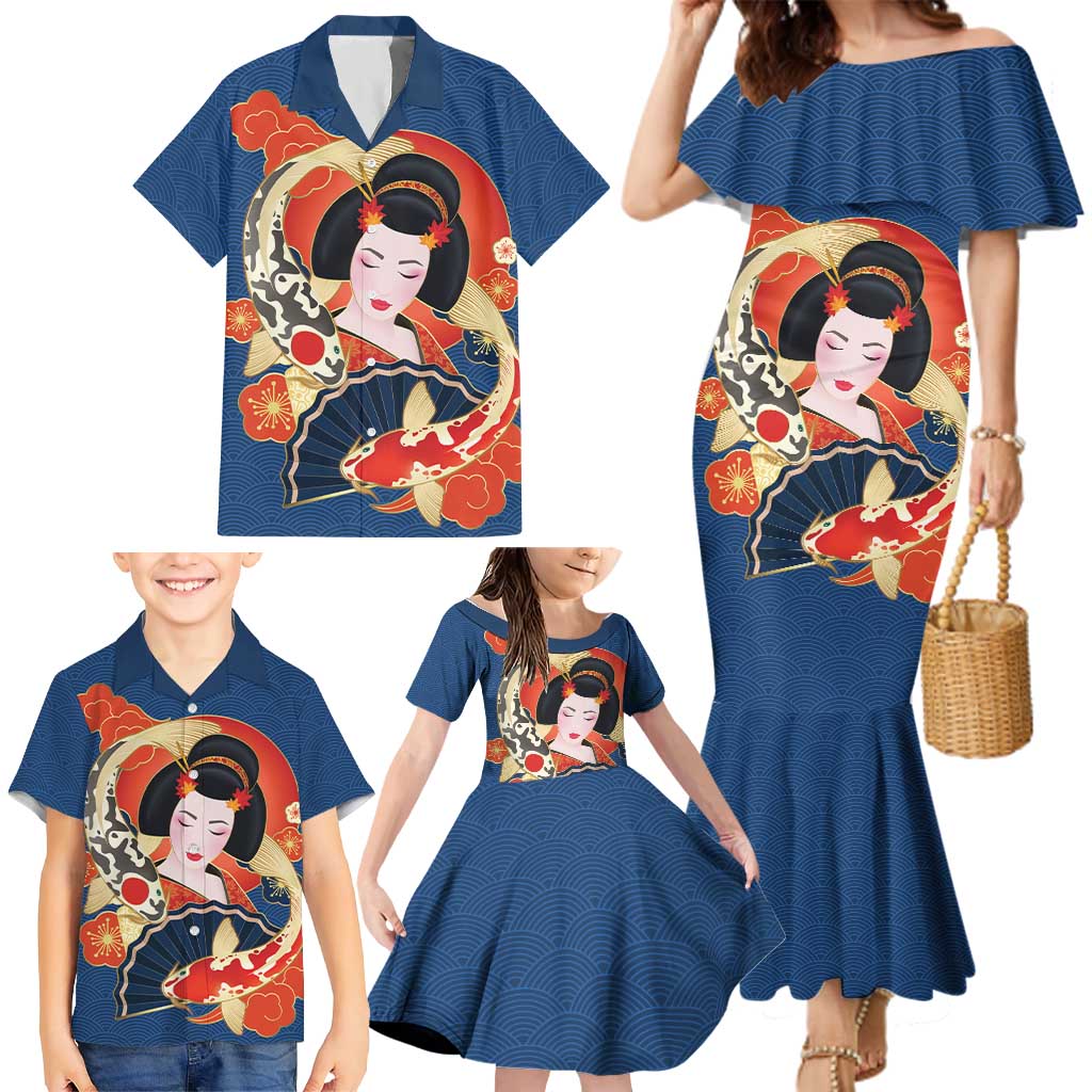 Japanese Geisha Koi Fish Family Matching Mermaid Dress and Hawaiian Shirt Cherry Blossoms Blue Seigaiha Pattern LT14 - Polynesian Pride