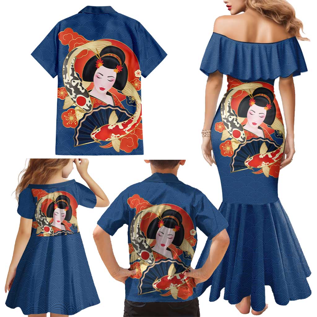 Japanese Geisha Koi Fish Family Matching Mermaid Dress and Hawaiian Shirt Cherry Blossoms Blue Seigaiha Pattern LT14 - Polynesian Pride