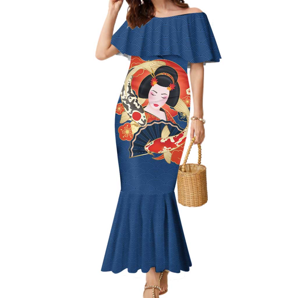 Japanese Geisha Koi Fish Family Matching Mermaid Dress and Hawaiian Shirt Cherry Blossoms Blue Seigaiha Pattern LT14 Mom's Dress Blue - Polynesian Pride
