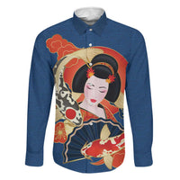 Japanese Geisha Koi Fish Family Matching Off The Shoulder Long Sleeve Dress and Hawaiian Shirt Cherry Blossoms Blue Seigaiha Pattern LT14 Dad's Shirt - Long Sleeve Blue - Polynesian Pride