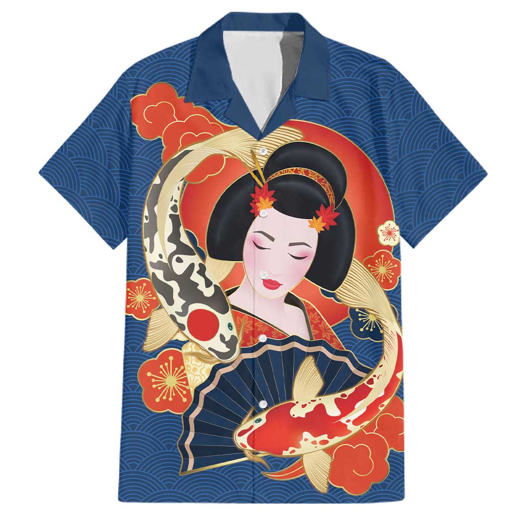 Japanese Geisha Koi Fish Family Matching Off Shoulder Maxi Dress and Hawaiian Shirt Cherry Blossoms Blue Seigaiha Pattern LT14 Dad's Shirt - Short Sleeve Blue - Polynesian Pride