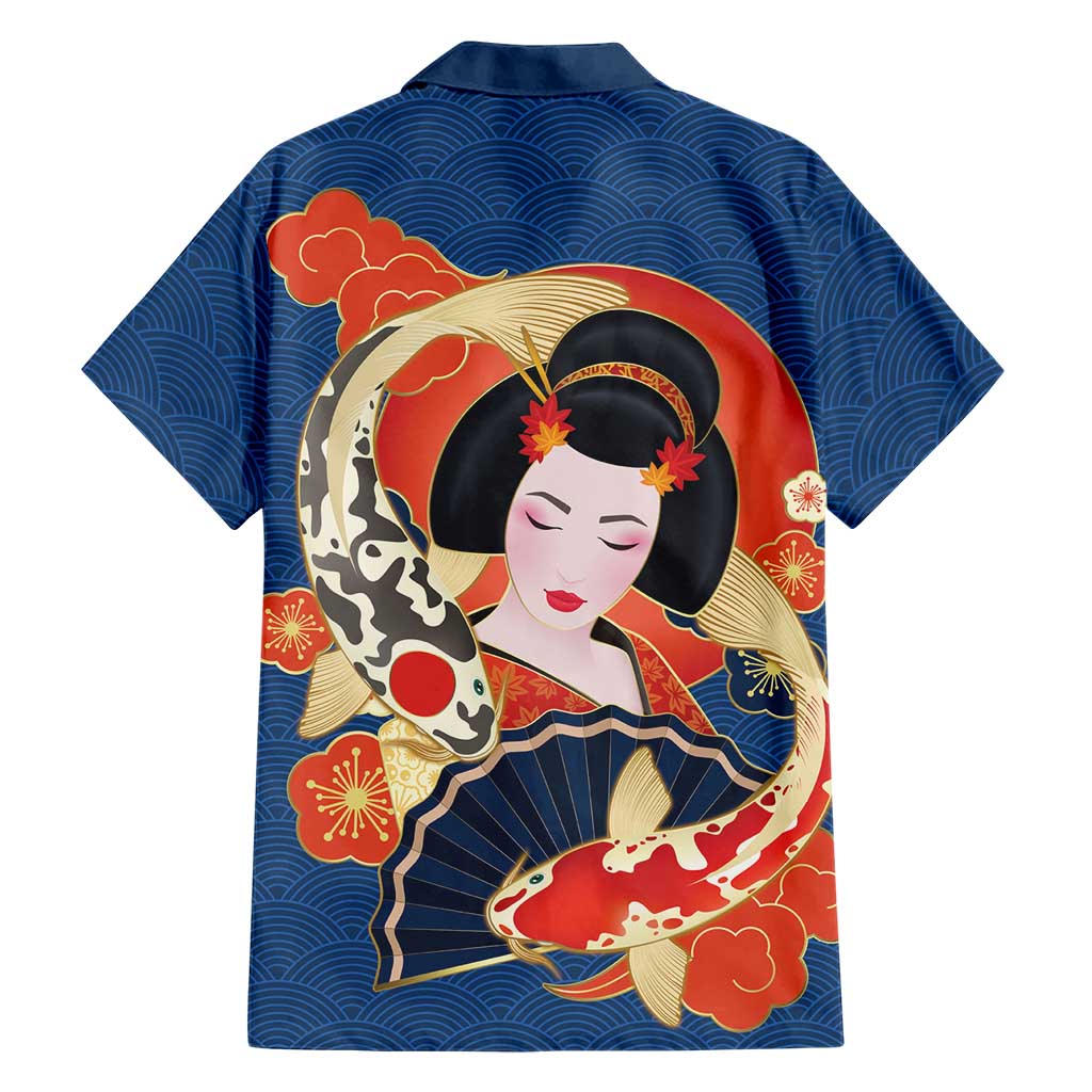 Japanese Geisha Koi Fish Family Matching Off Shoulder Maxi Dress and Hawaiian Shirt Cherry Blossoms Blue Seigaiha Pattern LT14 - Polynesian Pride