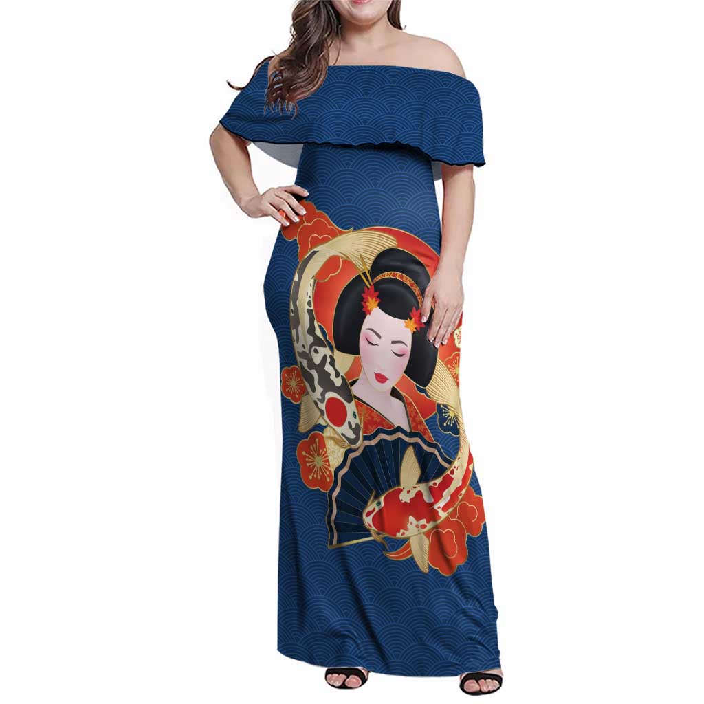 Japanese Geisha Koi Fish Family Matching Off Shoulder Maxi Dress and Hawaiian Shirt Cherry Blossoms Blue Seigaiha Pattern LT14 Mom's Dress Blue - Polynesian Pride