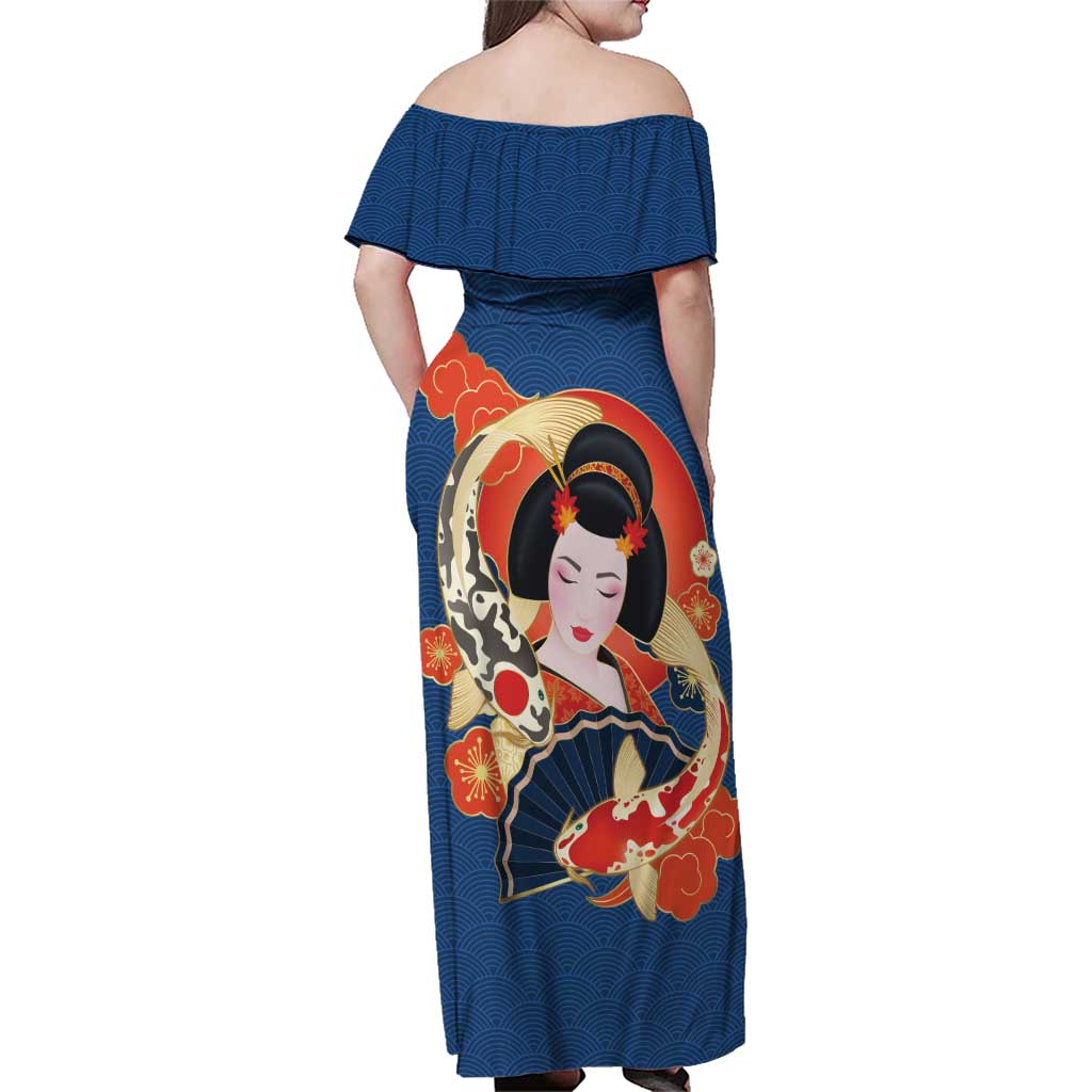Japanese Geisha Koi Fish Family Matching Off Shoulder Maxi Dress and Hawaiian Shirt Cherry Blossoms Blue Seigaiha Pattern LT14 - Polynesian Pride