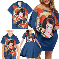 Japanese Geisha Koi Fish Family Matching Off Shoulder Short Dress and Hawaiian Shirt Cherry Blossoms Blue Seigaiha Pattern LT14 - Polynesian Pride