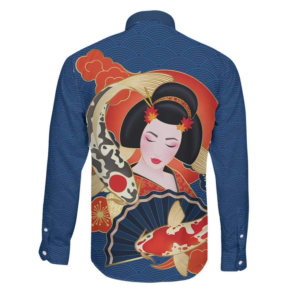 Japanese Geisha Koi Fish Family Matching Off Shoulder Short Dress and Hawaiian Shirt Cherry Blossoms Blue Seigaiha Pattern LT14 - Polynesian Pride