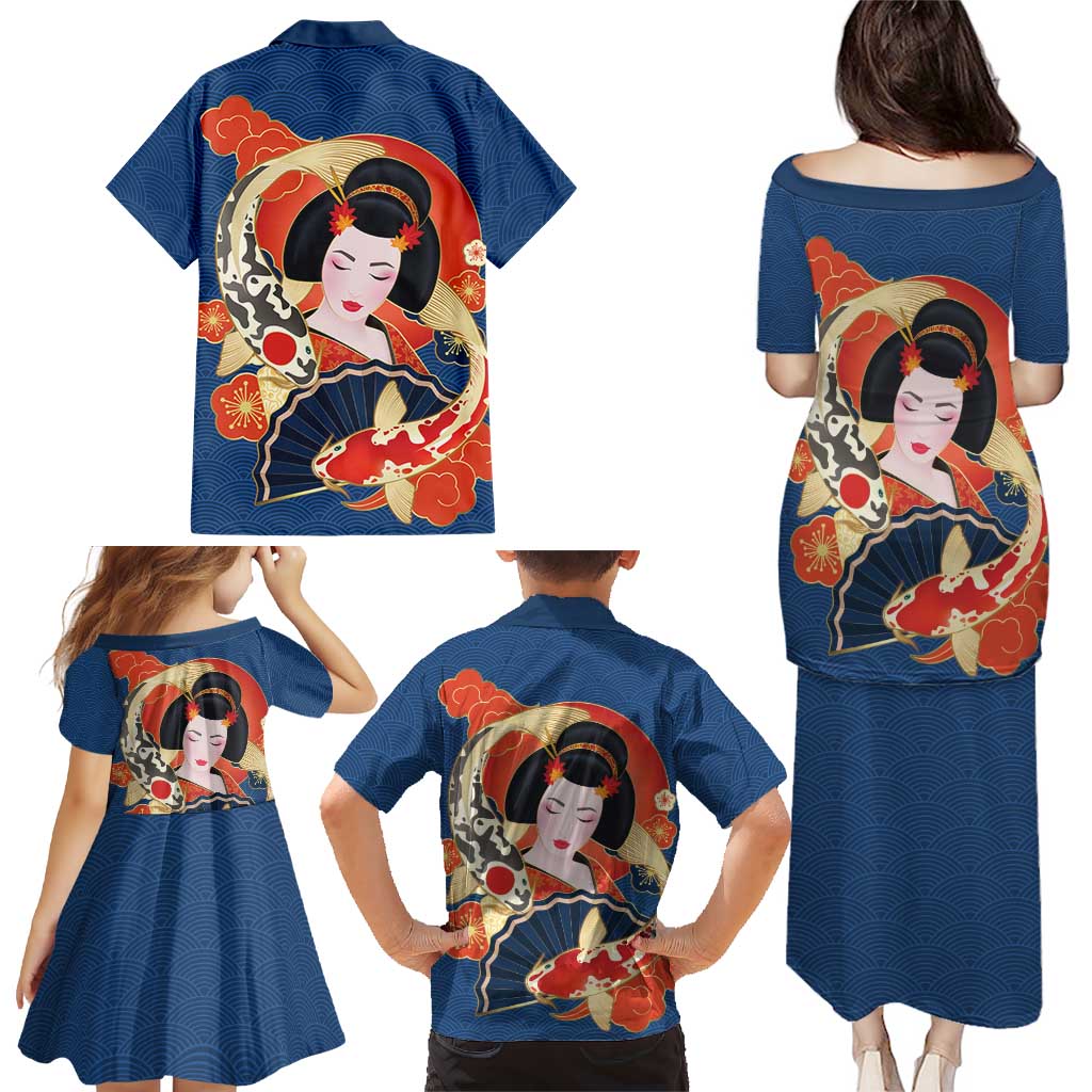 Japanese Geisha Koi Fish Family Matching Puletasi and Hawaiian Shirt Cherry Blossoms Blue Seigaiha Pattern LT14 - Polynesian Pride
