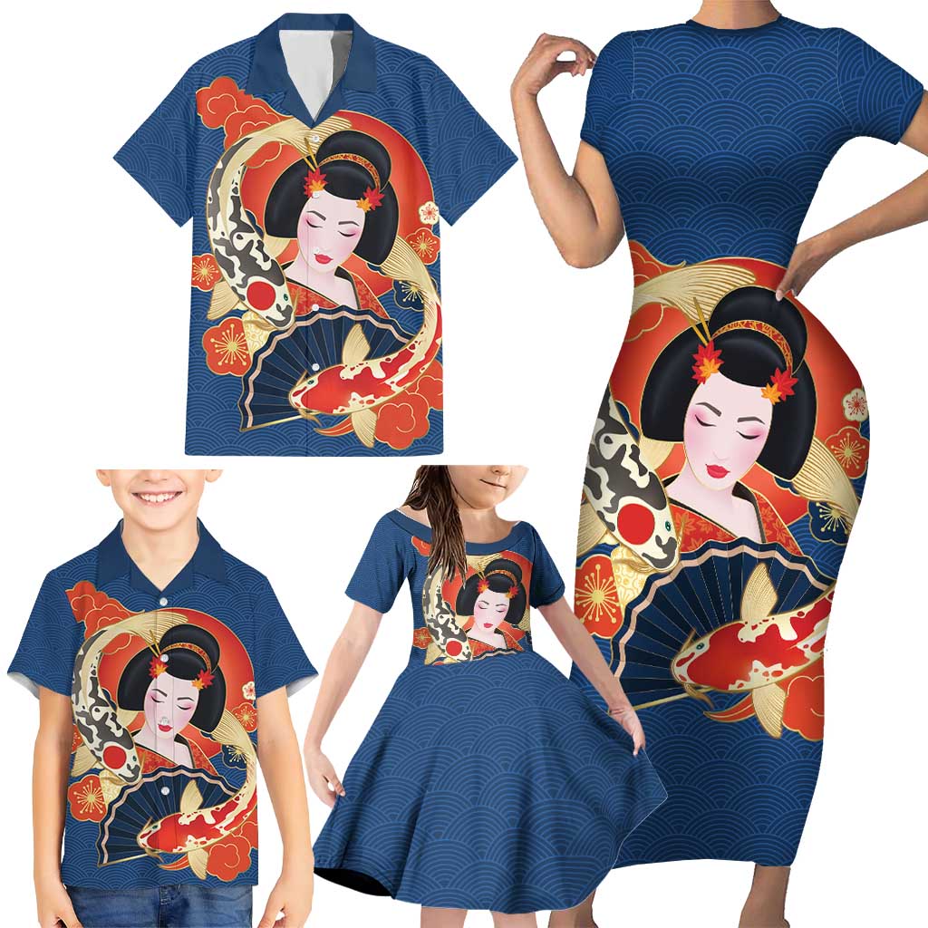 Japanese Geisha Koi Fish Family Matching Short Sleeve Bodycon Dress and Hawaiian Shirt Cherry Blossoms Blue Seigaiha Pattern LT14 - Polynesian Pride
