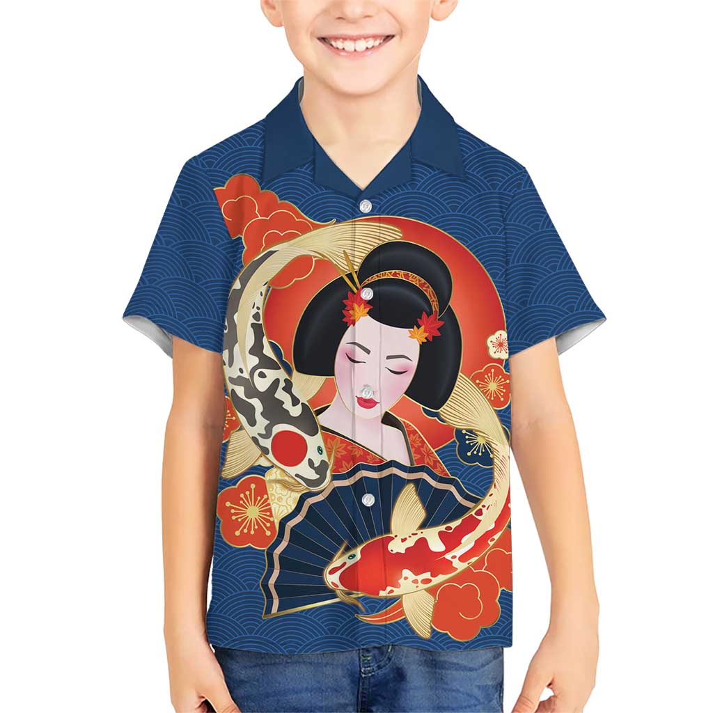 Japanese Geisha Koi Fish Family Matching Short Sleeve Bodycon Dress and Hawaiian Shirt Cherry Blossoms Blue Seigaiha Pattern LT14 Son's Shirt Blue - Polynesian Pride