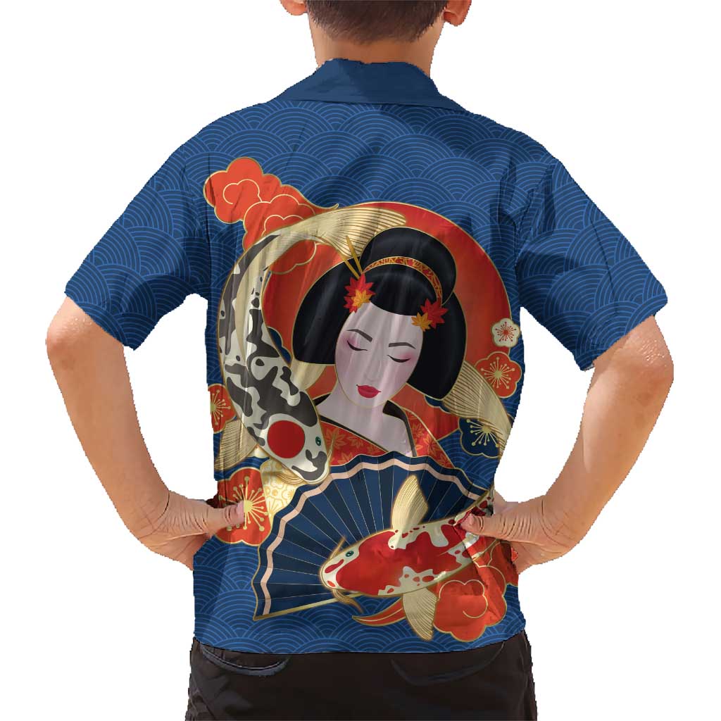 Japanese Geisha Koi Fish Family Matching Summer Maxi Dress and Hawaiian Shirt Cherry Blossoms Blue Seigaiha Pattern LT14 - Polynesian Pride