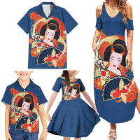 Japanese Geisha Koi Fish Family Matching Summer Maxi Dress and Hawaiian Shirt Cherry Blossoms Blue Seigaiha Pattern LT14 - Polynesian Pride