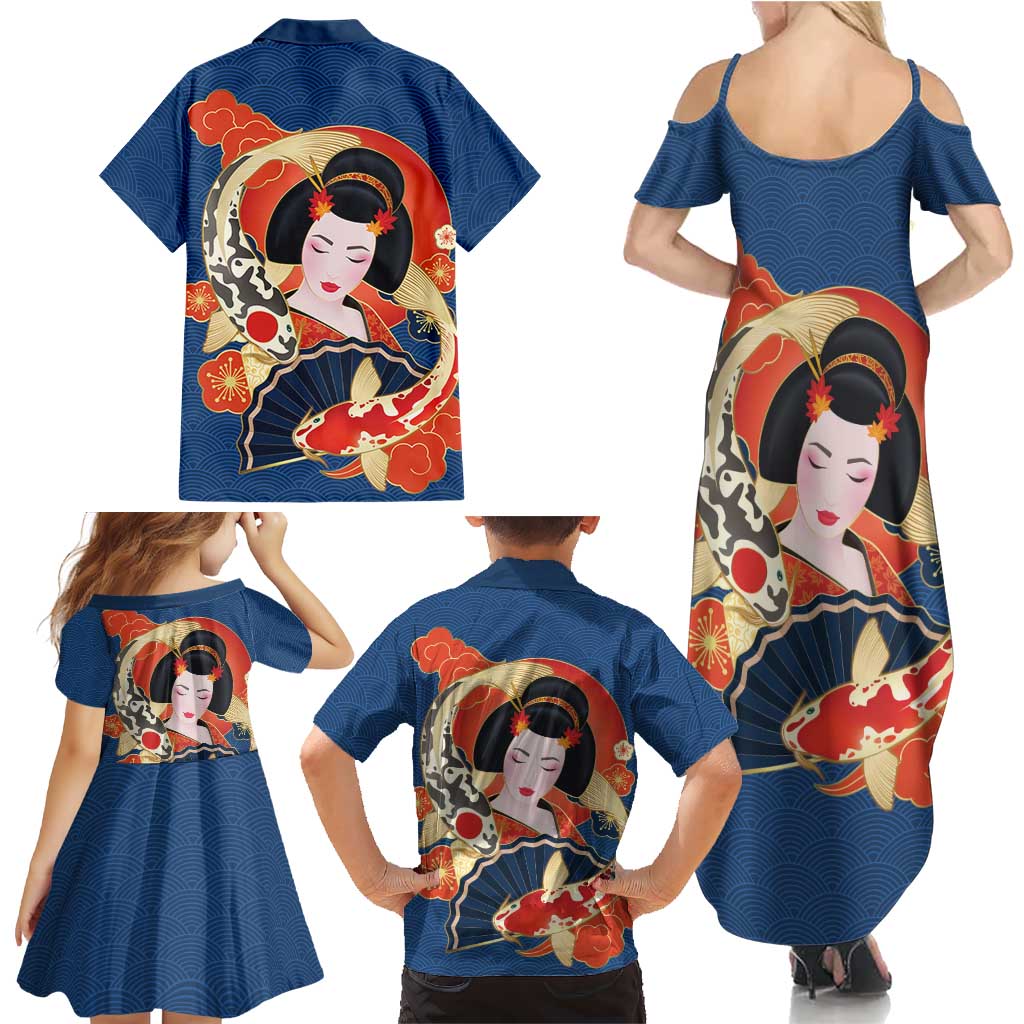 Japanese Geisha Koi Fish Family Matching Summer Maxi Dress and Hawaiian Shirt Cherry Blossoms Blue Seigaiha Pattern LT14 - Polynesian Pride