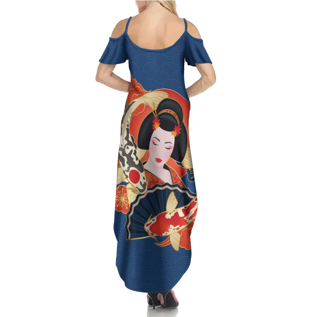 Japanese Geisha Koi Fish Family Matching Summer Maxi Dress and Hawaiian Shirt Cherry Blossoms Blue Seigaiha Pattern LT14 - Polynesian Pride