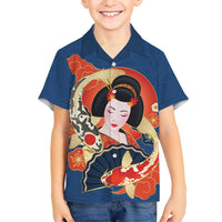 Japanese Geisha Koi Fish Family Matching Summer Maxi Dress and Hawaiian Shirt Cherry Blossoms Blue Seigaiha Pattern LT14 Son's Shirt Blue - Polynesian Pride