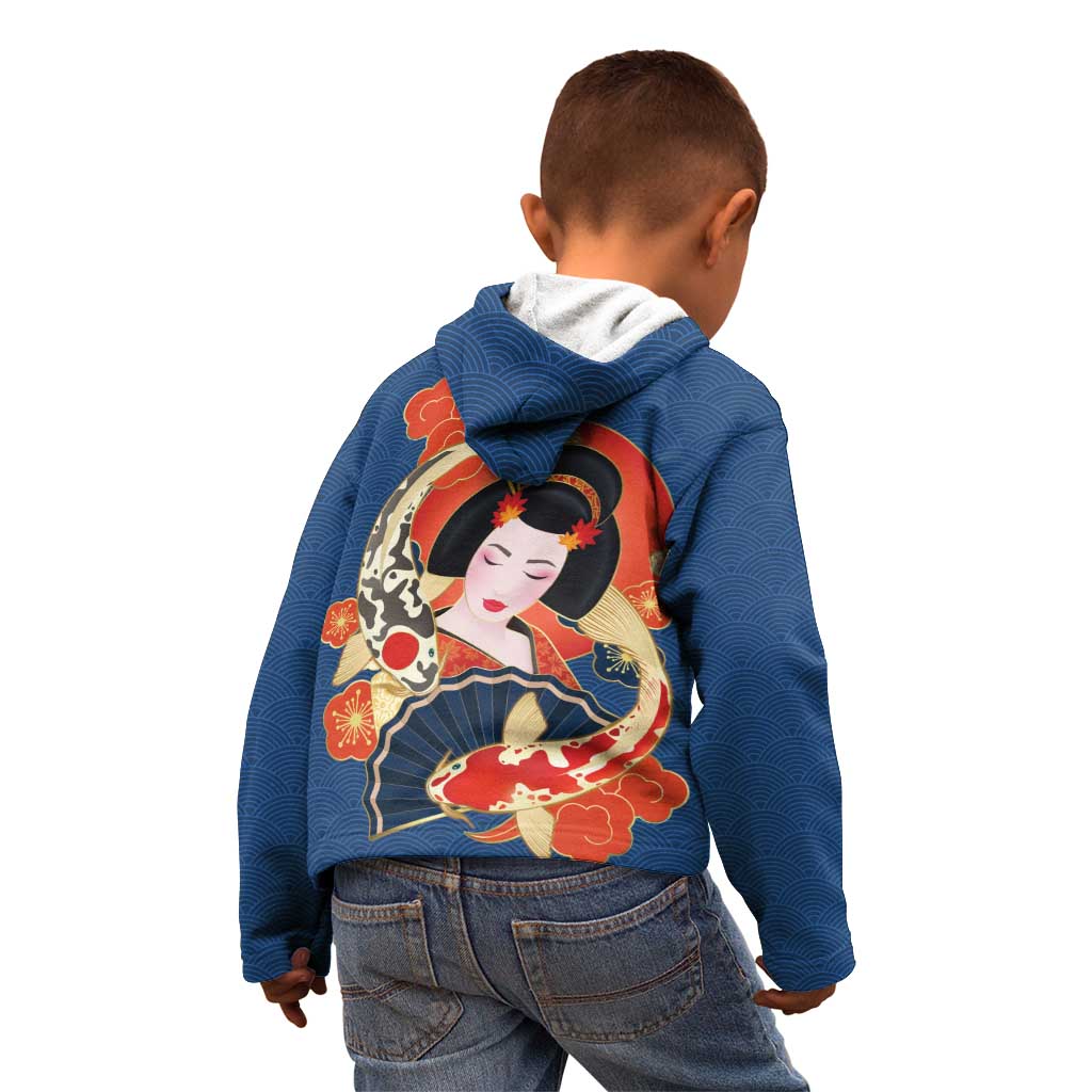 Japanese Geisha Koi Fish Kid Hoodie Cherry Blossoms Blue Seigaiha Pattern - Polynesian Pride