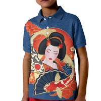 Japanese Geisha Koi Fish Kid Polo Shirt Cherry Blossoms Blue Seigaiha Pattern - Polynesian Pride