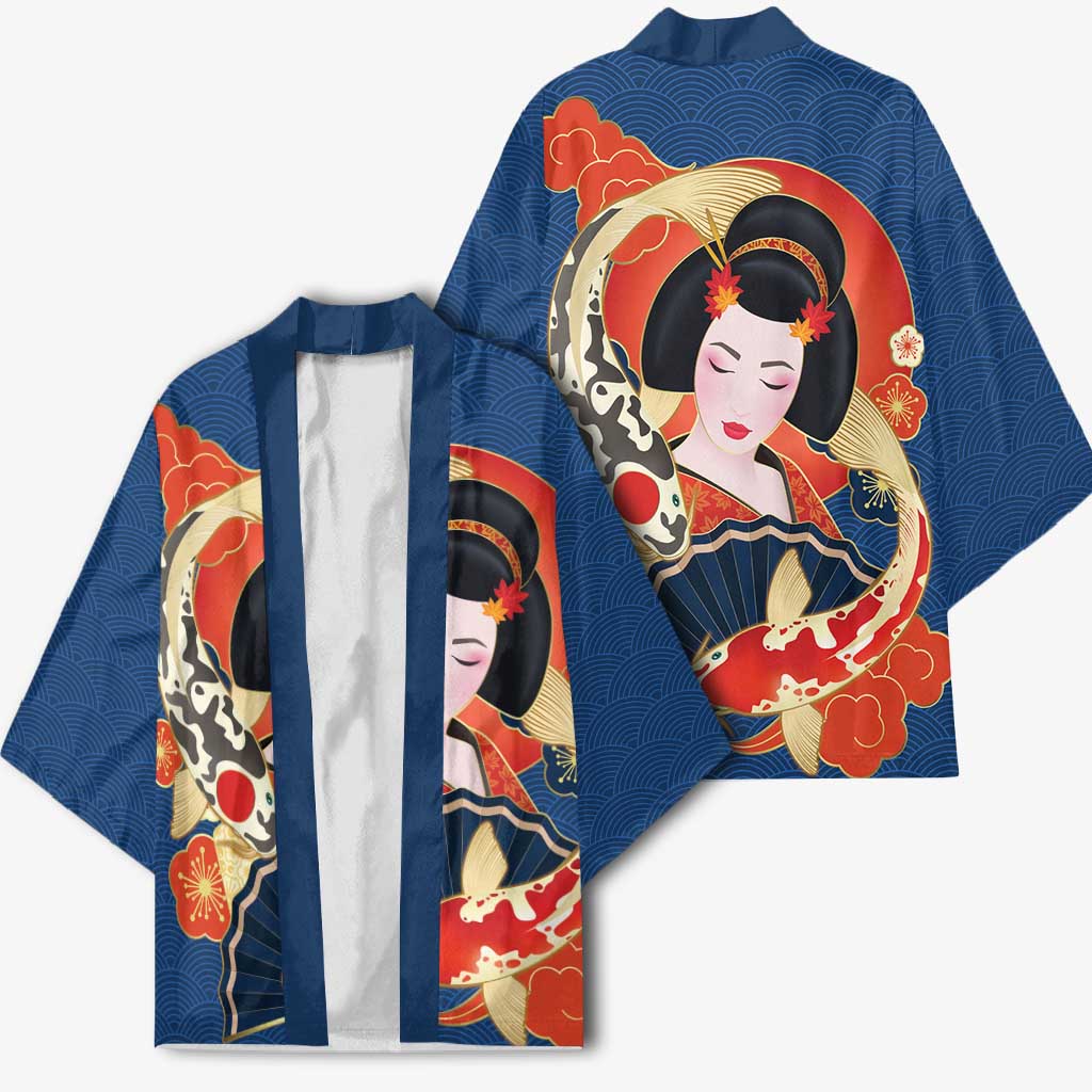 Japanese Geisha Koi Fish Kimono Cherry Blossoms Blue Seigaiha Pattern - Polynesian Pride