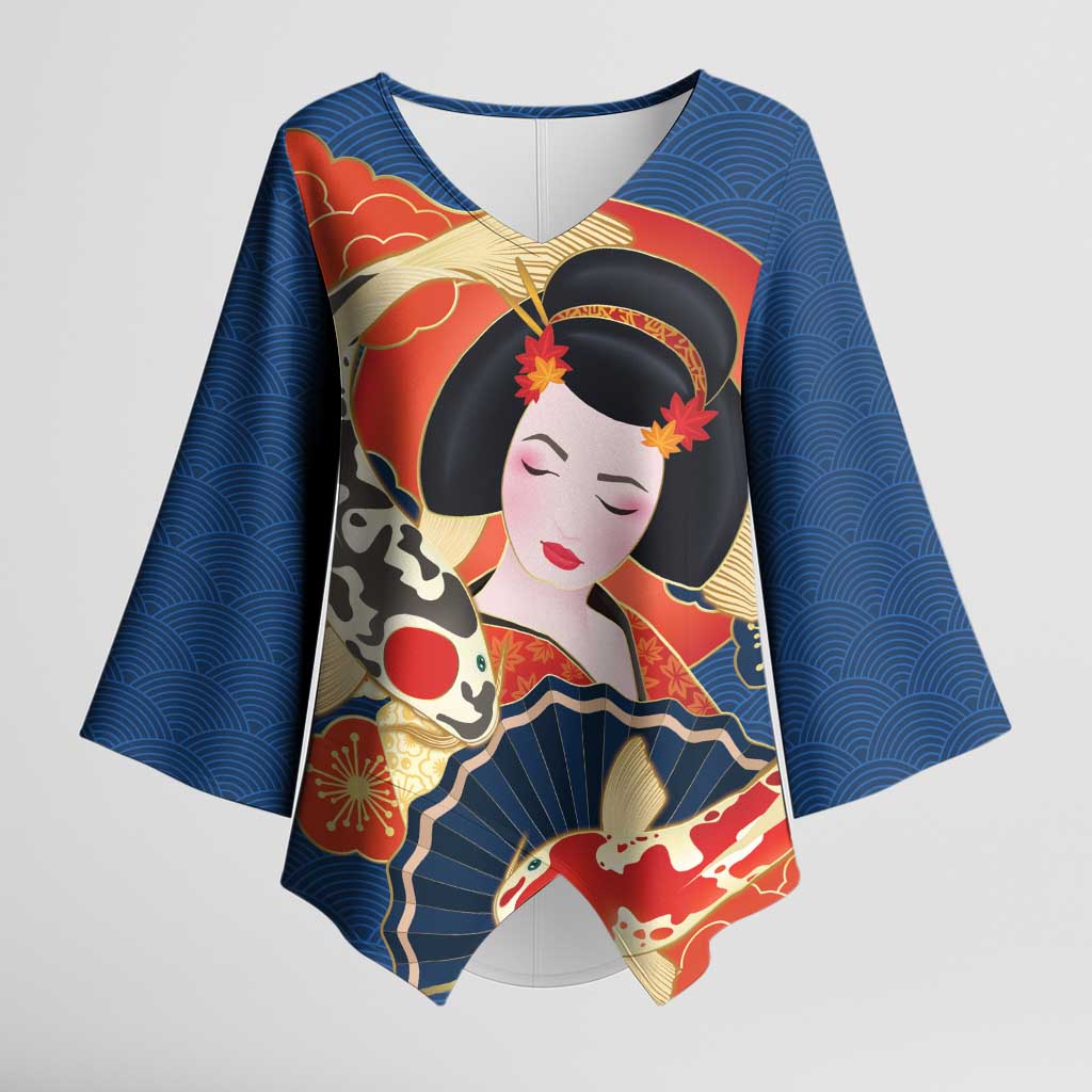 Japanese Geisha Koi Fish Kimono Sleeve Blouse Cherry Blossoms Blue Seigaiha Pattern - Polynesian Pride