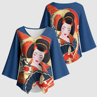 Japanese Geisha Koi Fish Kimono Sleeve Blouse Cherry Blossoms Blue Seigaiha Pattern - Polynesian Pride