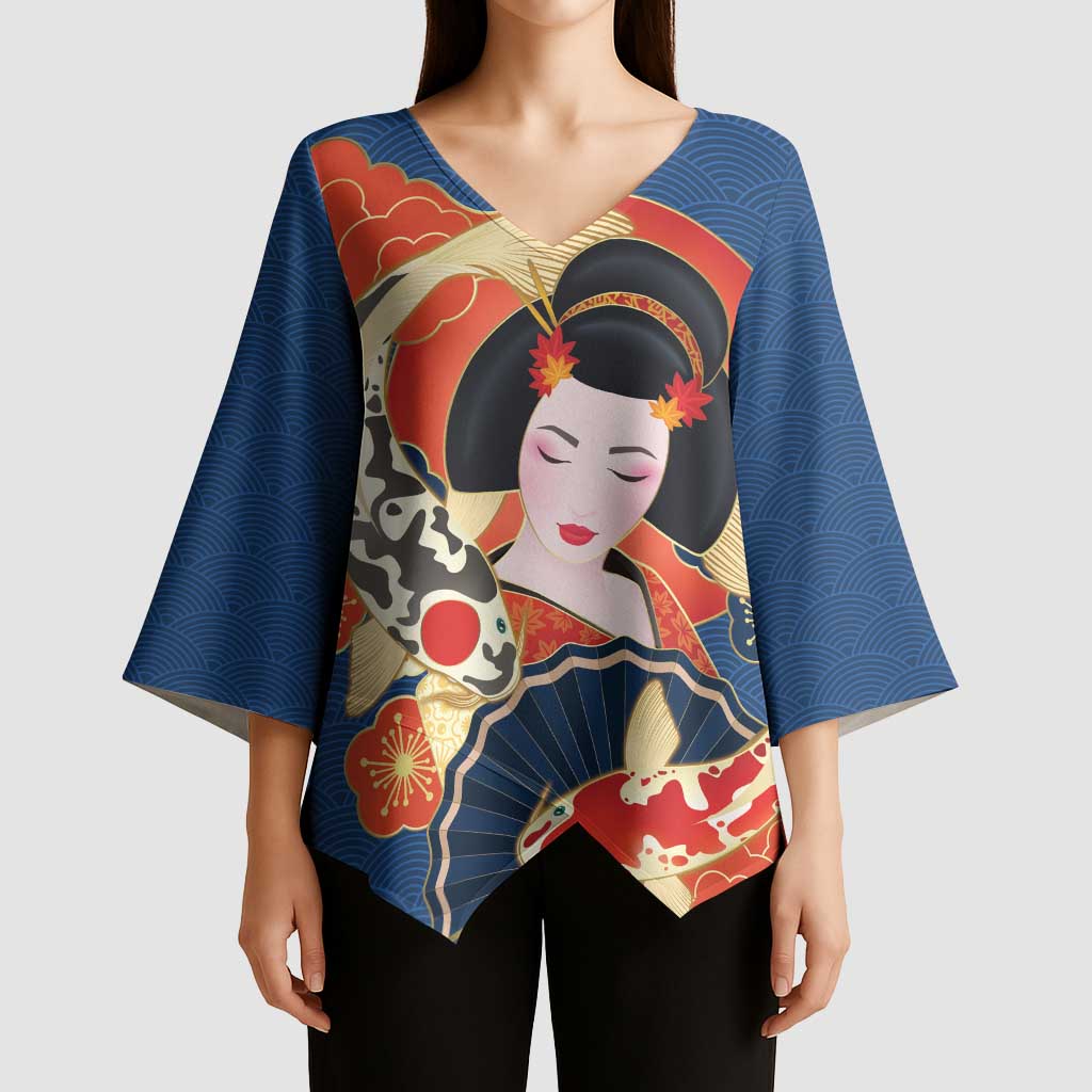 Japanese Geisha Koi Fish Kimono Sleeve Blouse Cherry Blossoms Blue Seigaiha Pattern - Polynesian Pride