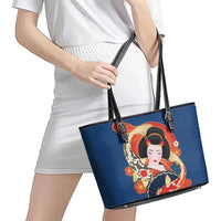 Japanese Geisha Koi Fish Leather Tote Bag Cherry Blossoms Blue Seigaiha Pattern - Polynesian Pride