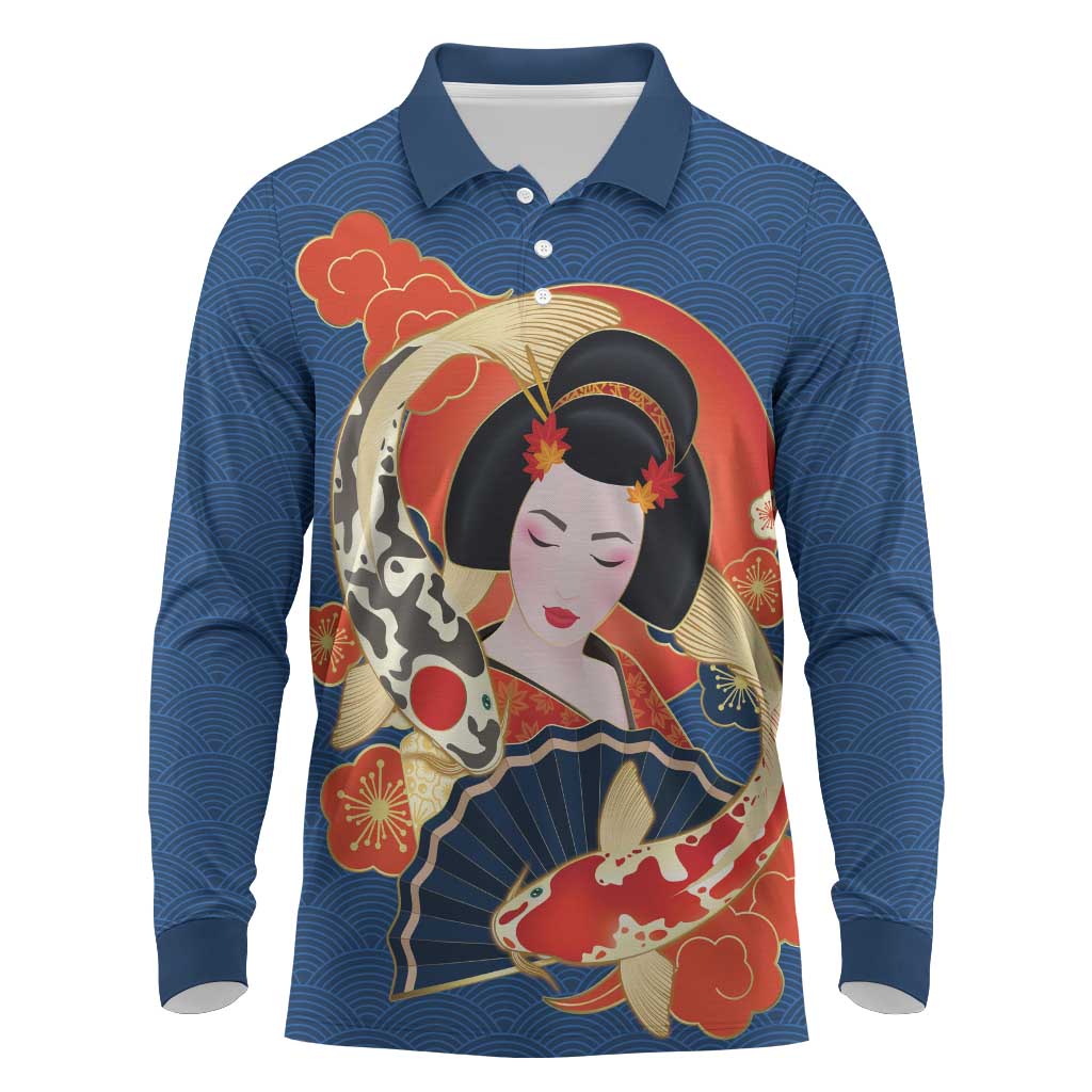Japanese Geisha Koi Fish Long Sleeve Polo Shirt Cherry Blossoms Blue Seigaiha Pattern LT14 Blue - Polynesian Pride