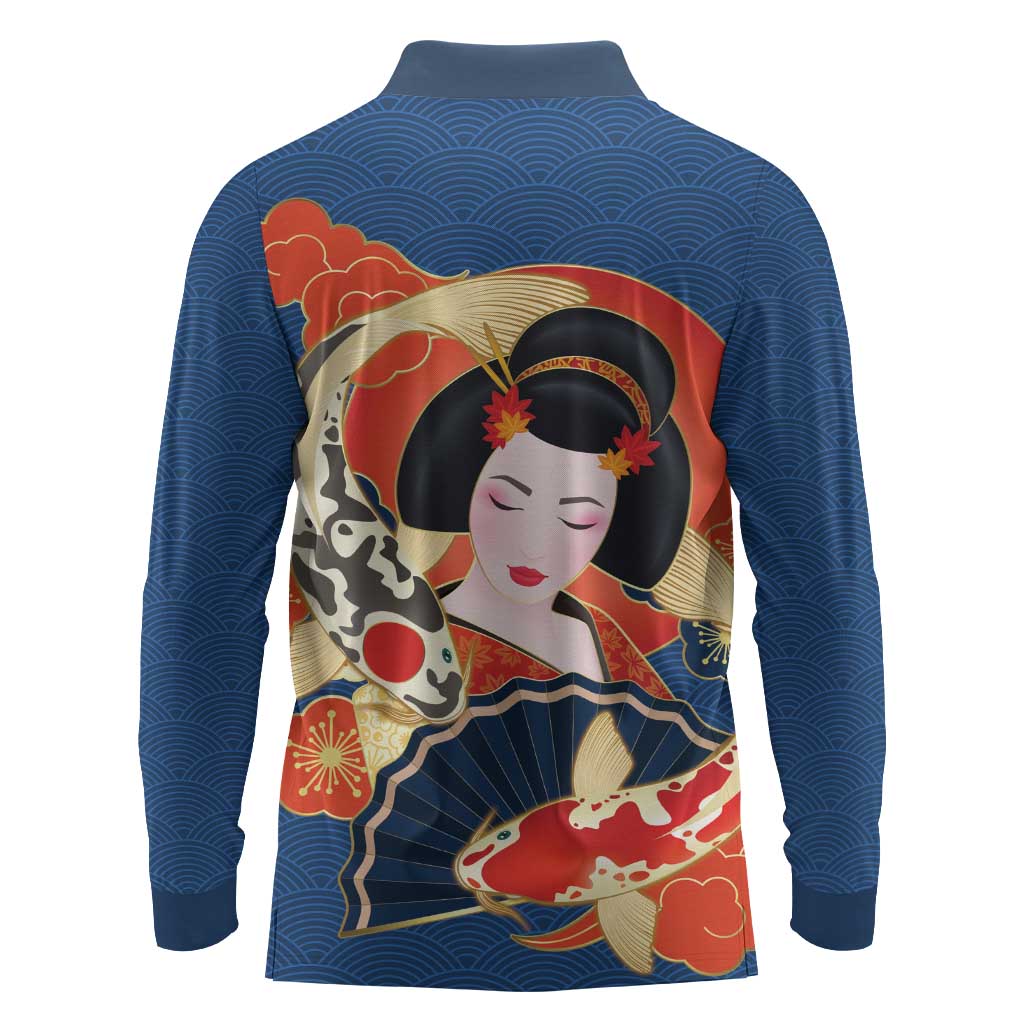 Japanese Geisha Koi Fish Long Sleeve Polo Shirt Cherry Blossoms Blue Seigaiha Pattern LT14 - Polynesian Pride