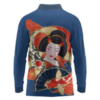 Japanese Geisha Koi Fish Long Sleeve Polo Shirt Cherry Blossoms Blue Seigaiha Pattern LT14 - Polynesian Pride
