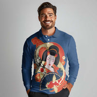 Japanese Geisha Koi Fish Long Sleeve Polo Shirt Cherry Blossoms Blue Seigaiha Pattern LT14 - Polynesian Pride