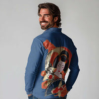 Japanese Geisha Koi Fish Long Sleeve Polo Shirt Cherry Blossoms Blue Seigaiha Pattern LT14 - Polynesian Pride