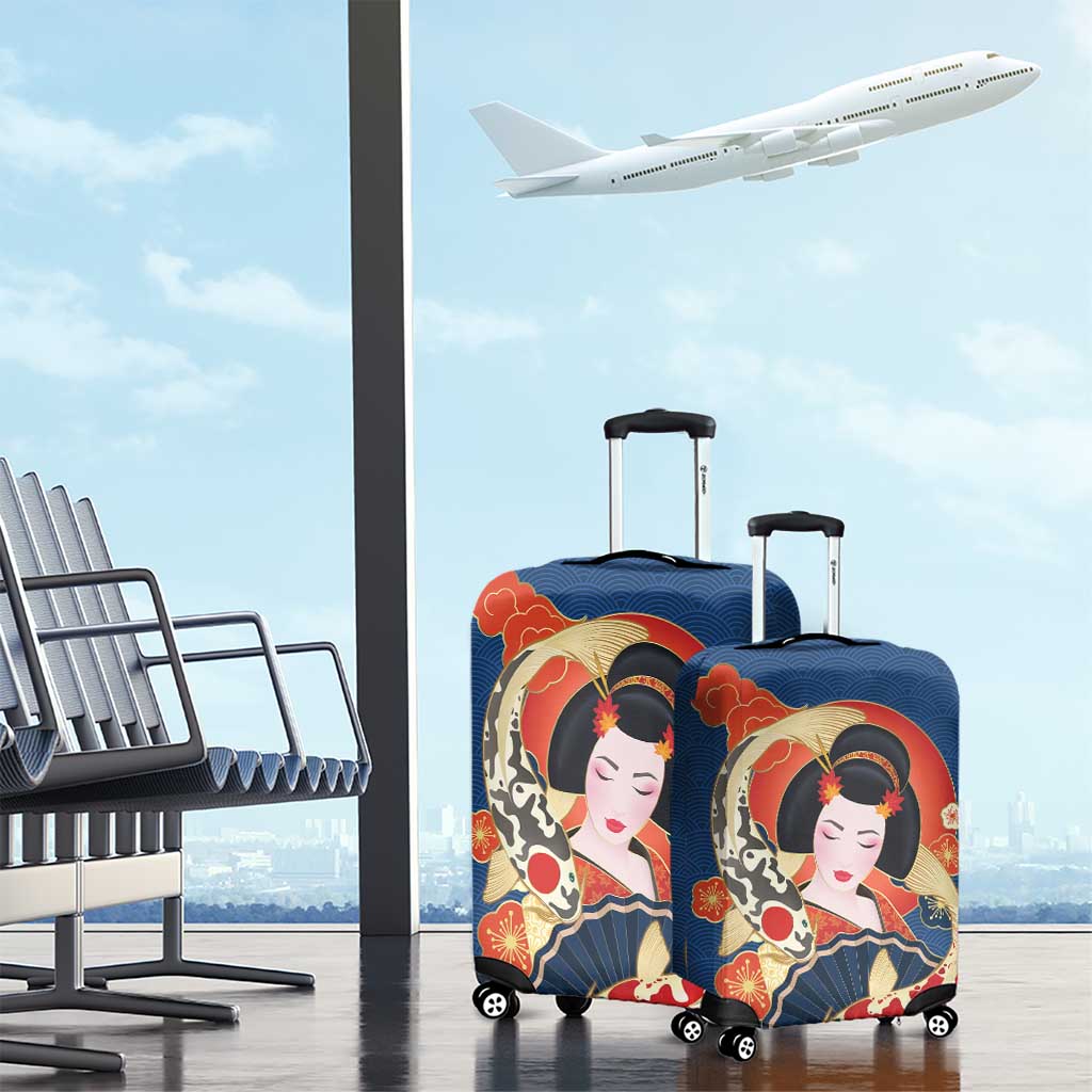 Japanese Geisha Koi Fish Luggage Cover Cherry Blossoms Blue Seigaiha Pattern - Polynesian Pride