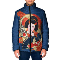 Japanese Geisha Koi Fish Padded Jacket Cherry Blossoms Blue Seigaiha Pattern - Polynesian Pride